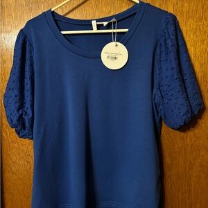 Chic Blue Women's Blouse with Puff Sleeves- bubble eyelet